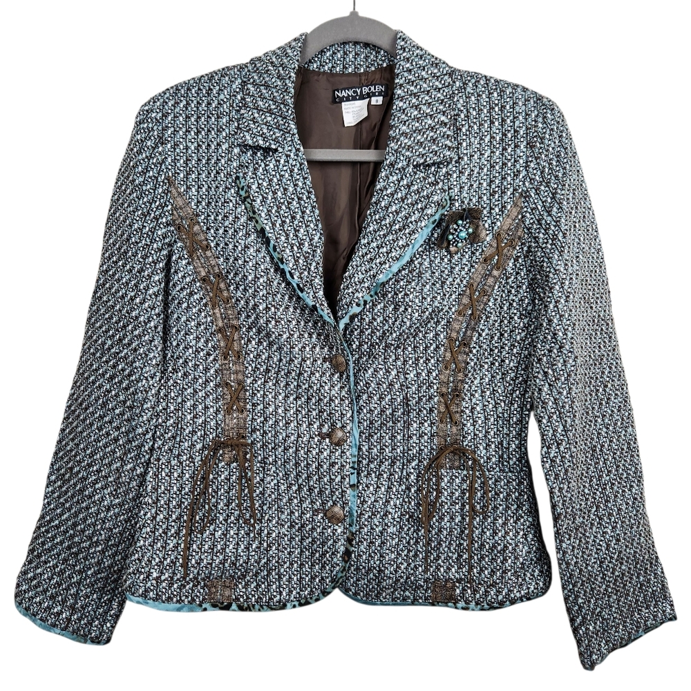Nancy Bolen City Girl Vintage Tweed Faux Leather Trim Blazer Jacket Women Size 8